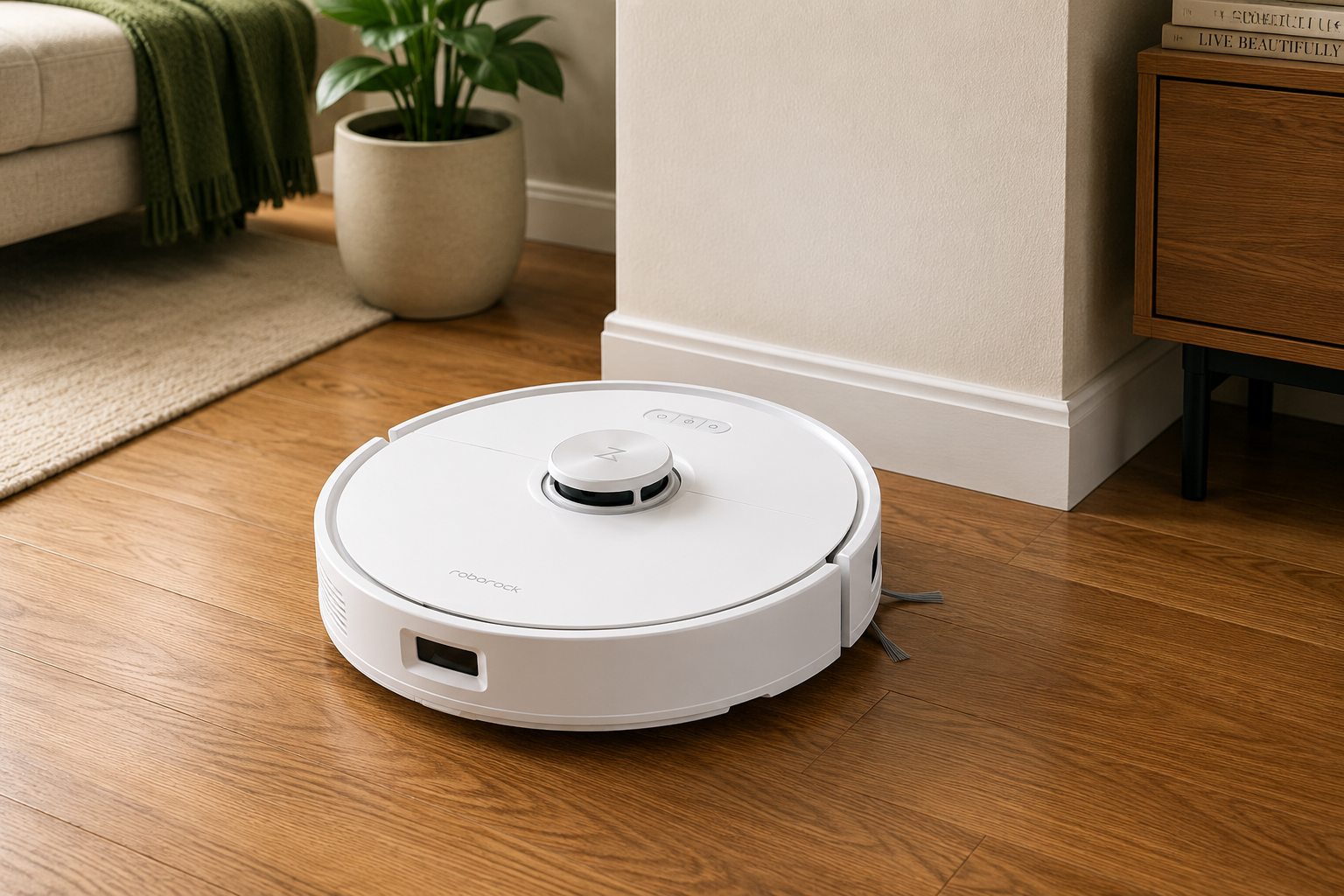White Roborock Q7 M5 robot vacuum cleaning a hardwood floor in a modern living room.