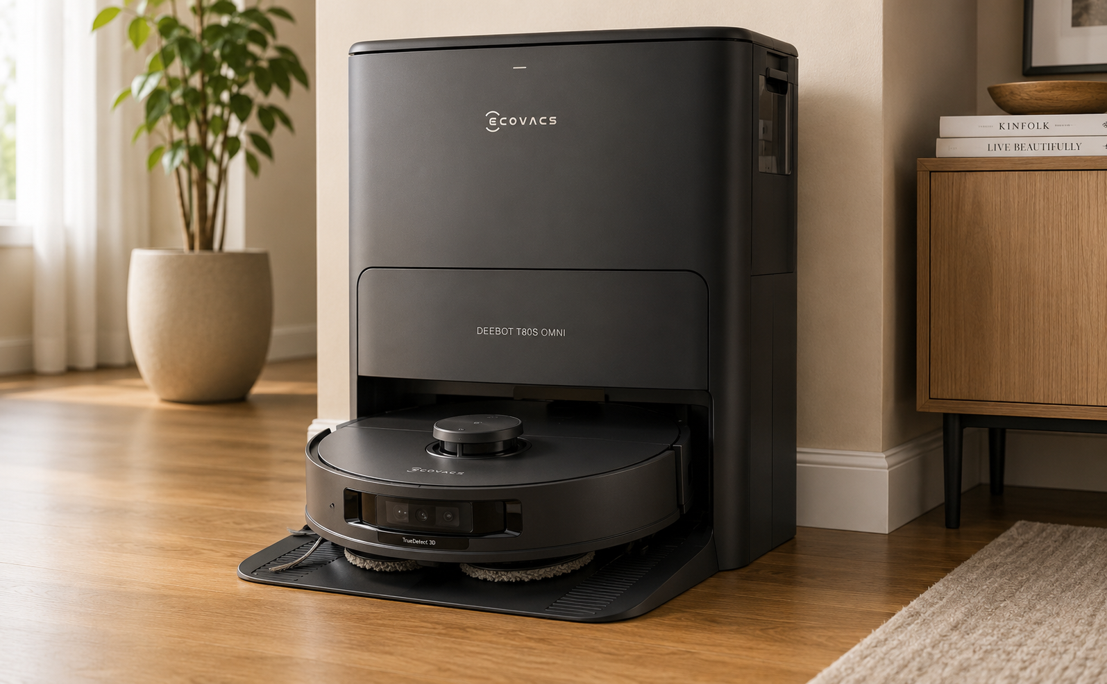 ECOVACS DEEBOT T80S OMNI robot vacuum and automated cleaning station in a modern home