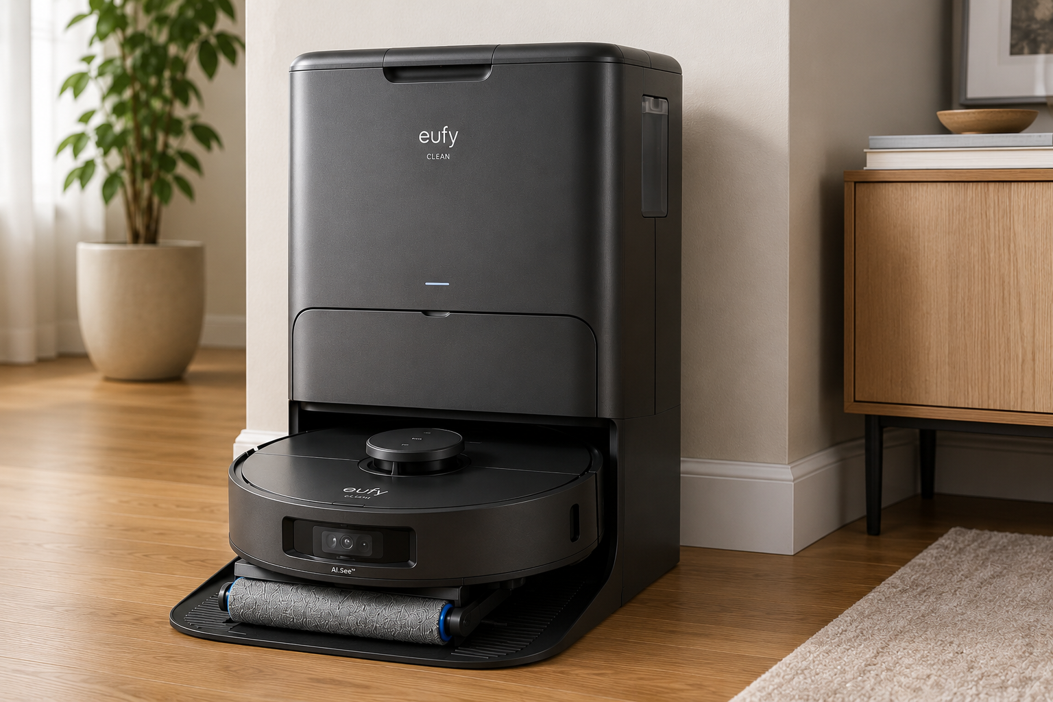 eufy E25 robot vacuum and mop with all-in-one cleaning station on a hard floor