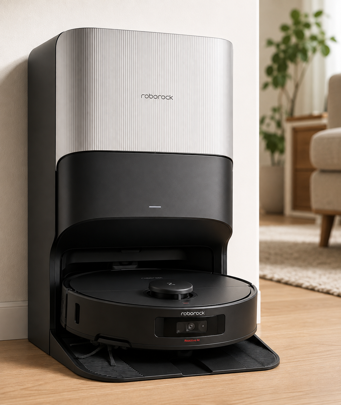Roborock Qrevo CurvX robot vacuum and docking station on a light wood floor in a modern home.