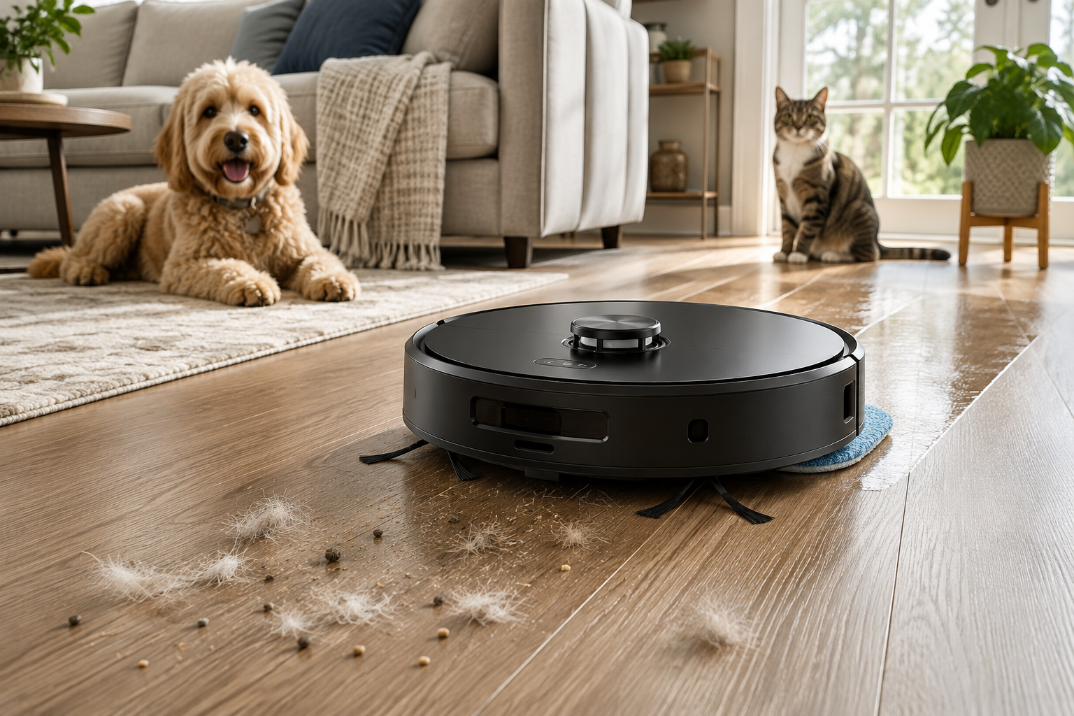 Robot vacuum and mop cleaning pet hair from a hard floor with a dog and cat nearby