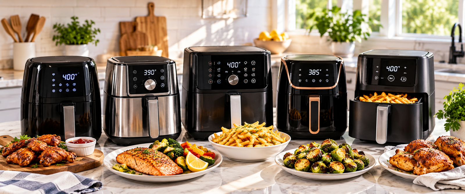 Five modern air fryers displayed on a bright kitchen countertop with crispy chicken, salmon, French fries, and roasted vegetables.