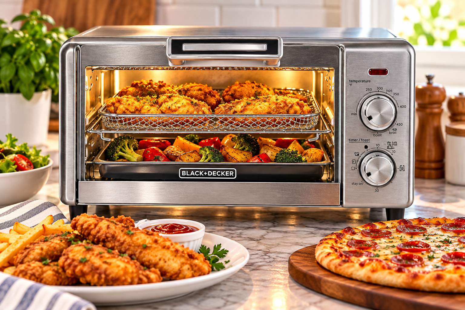 BLACK+DECKER Crisp ’N Bake 4-Slice Air Fry Toaster Oven cooking crispy chicken and roasted vegetables