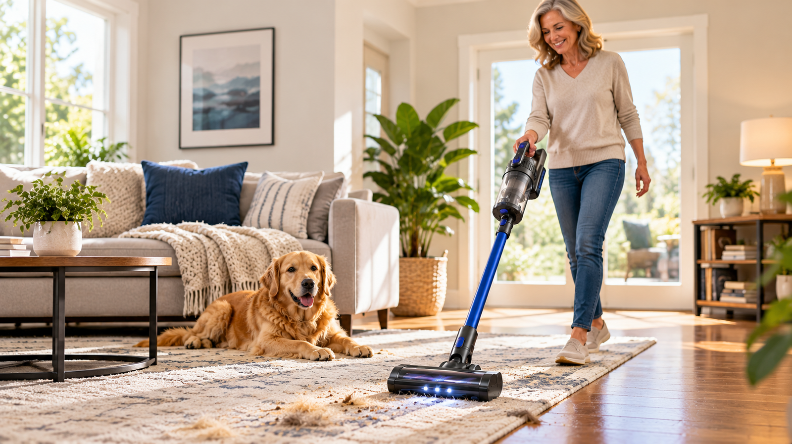 Woman using a cordless stick vacuum to clean pet hair from a living room rug while a golden retriever rests nearby