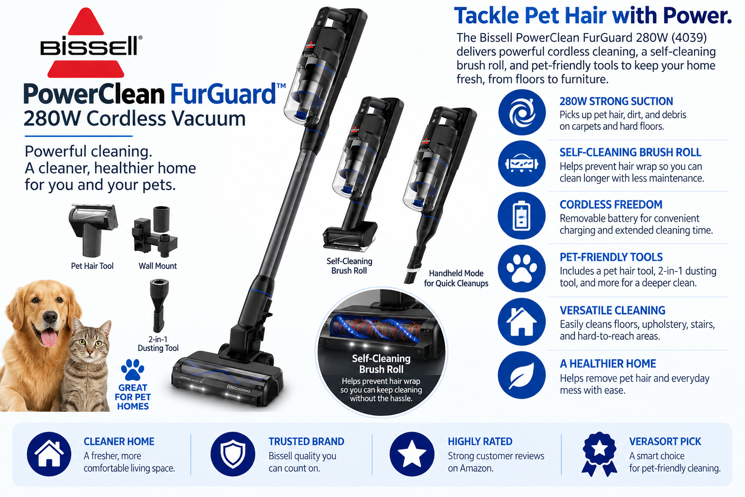 Bissell PowerClean FurGuard 280W cordless vacuum with self-cleaning brush roll and pet hair tools