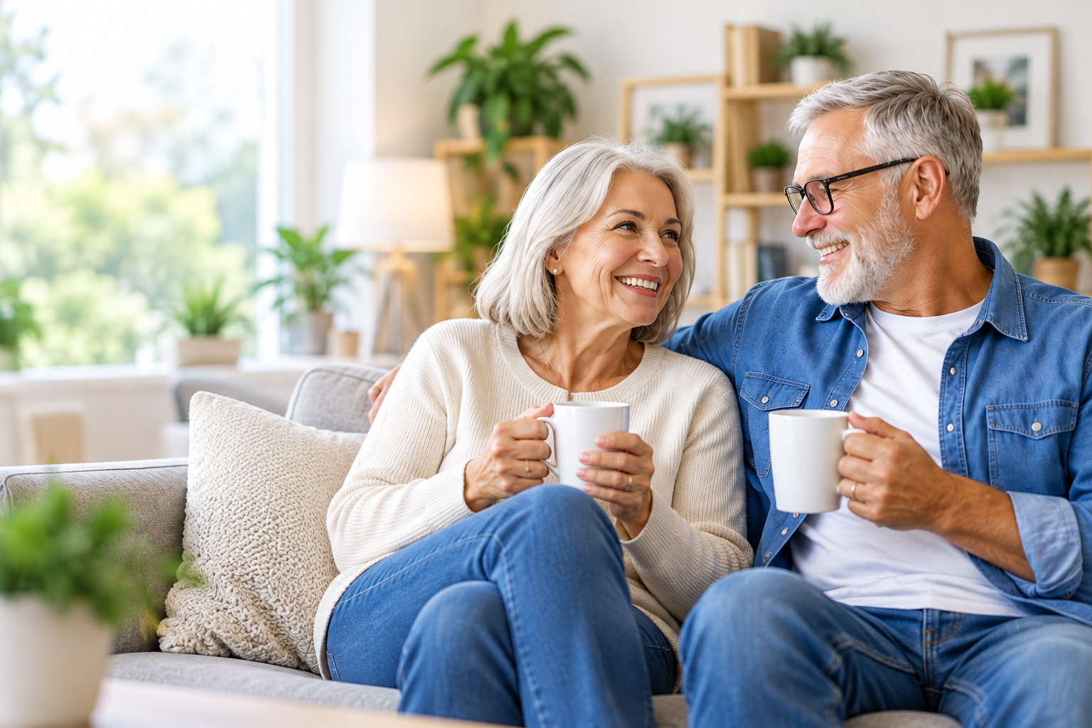 Smiling older couple making smart buying choices at home