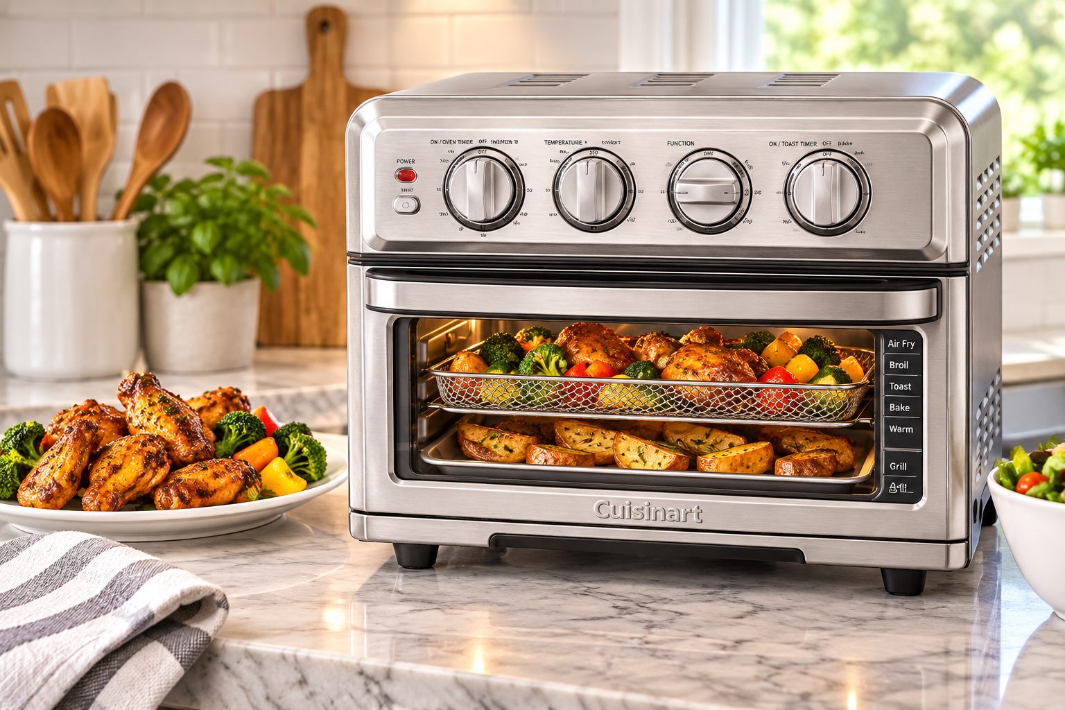 Cuisinart TOA-70NAS air fryer toaster oven cooking chicken, vegetables, and potatoes