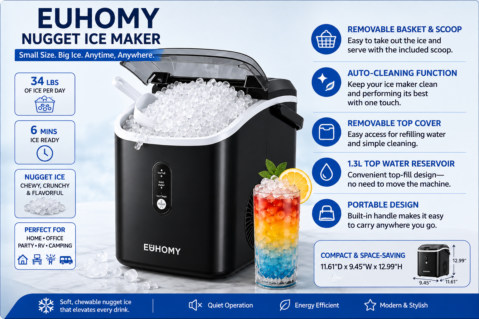 EUHOMY 34-lb countertop nugget ice maker