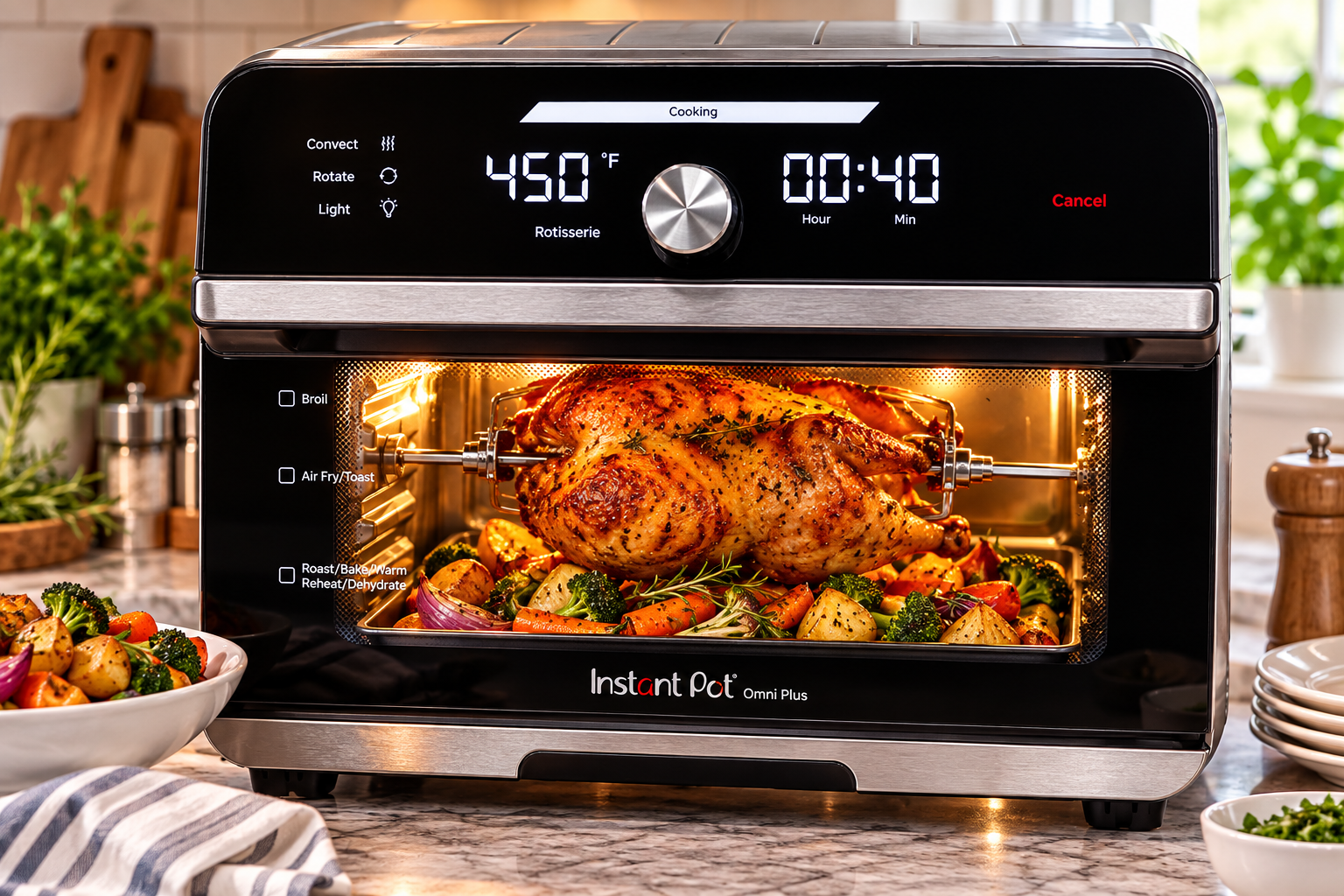 Instant Pot Omni Plus 19 Qt air fryer toaster oven cooking rotisserie chicken and vegetables