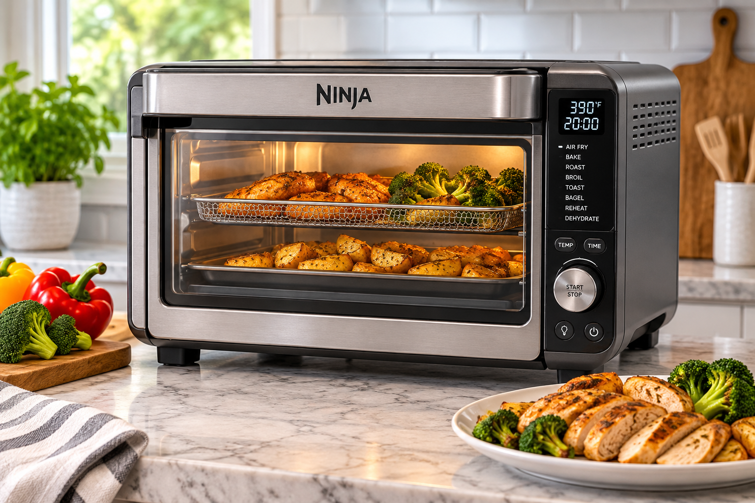 Ninja Flip Toaster Oven & Air Fryer SP151 cooking chicken, potatoes, and vegetables