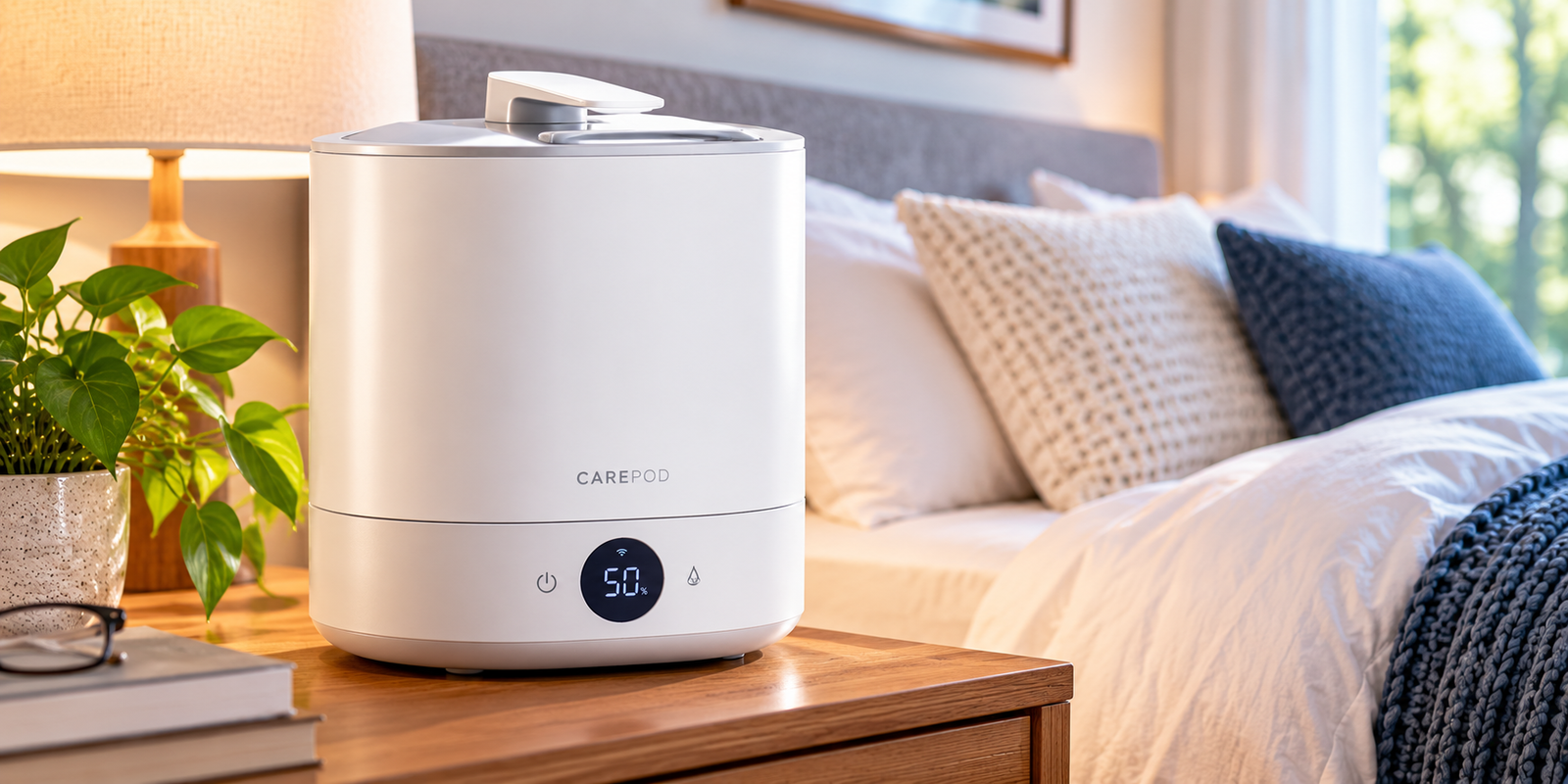 Carepod One 31S humidifier on a bedside table in a cozy bedroom