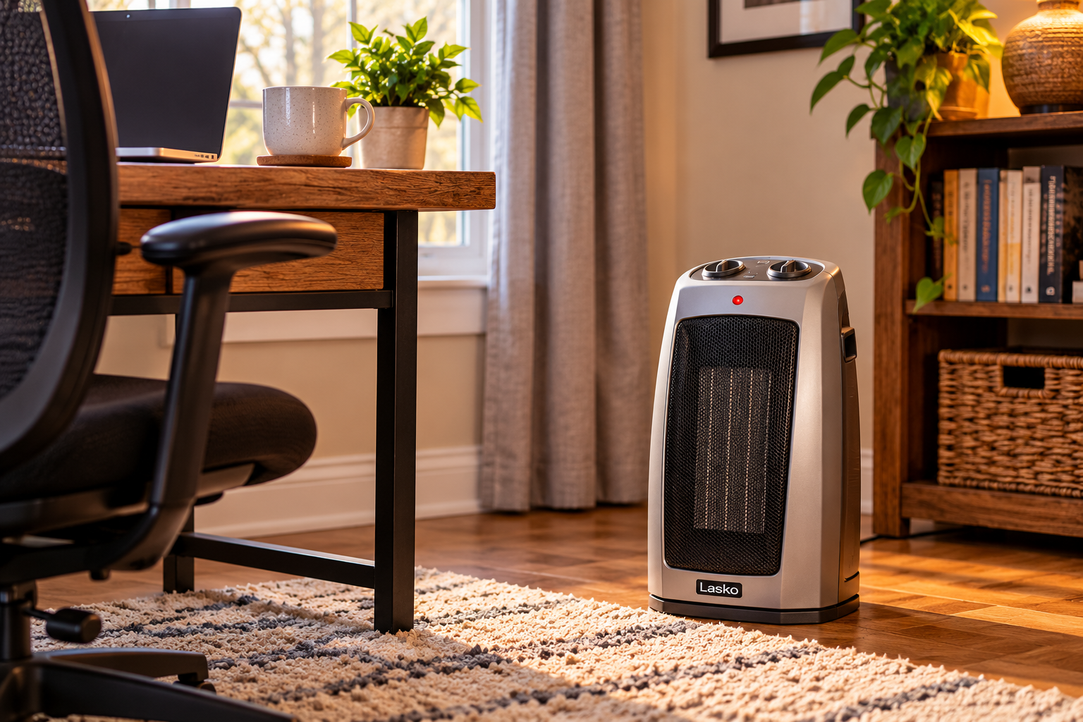 Lasko 754201 ceramic space heater warming a cozy home office