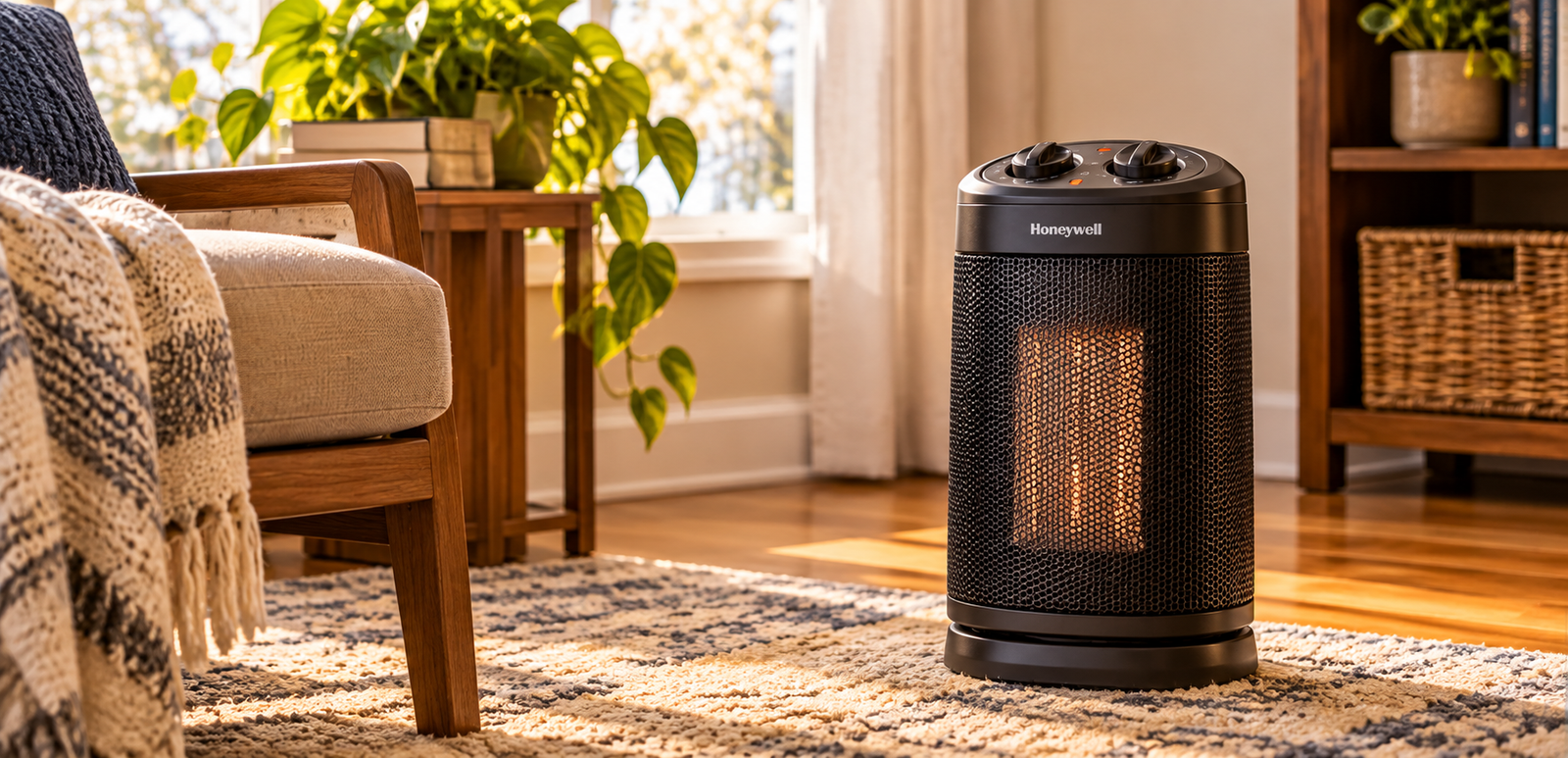 Honeywell HHF360V 360-degree space heater warming a cozy living room