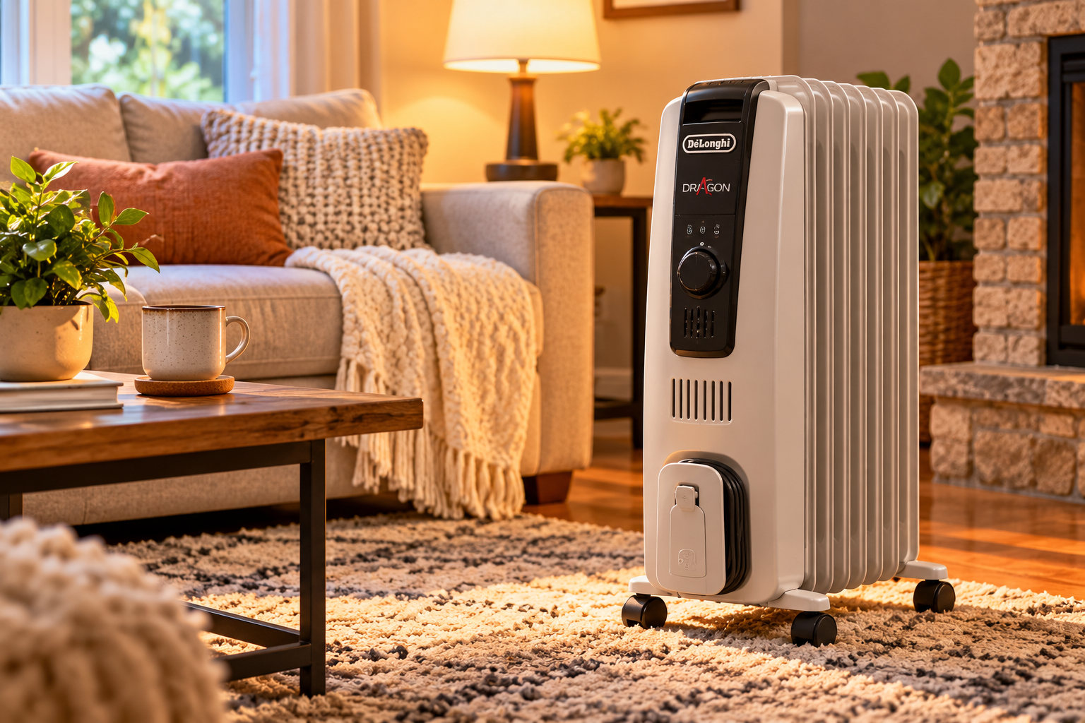 De'Longhi Dragon oil-filled radiator heater warming a cozy living room