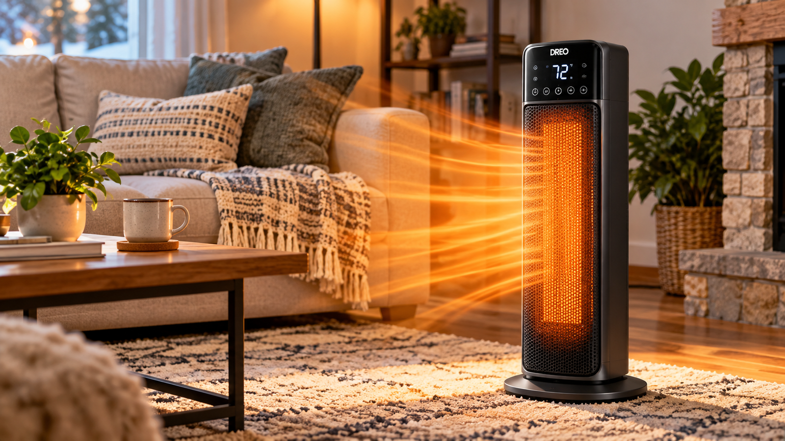 Dreo Tower Heater 718 in a cozy living room providing whole-room warmth