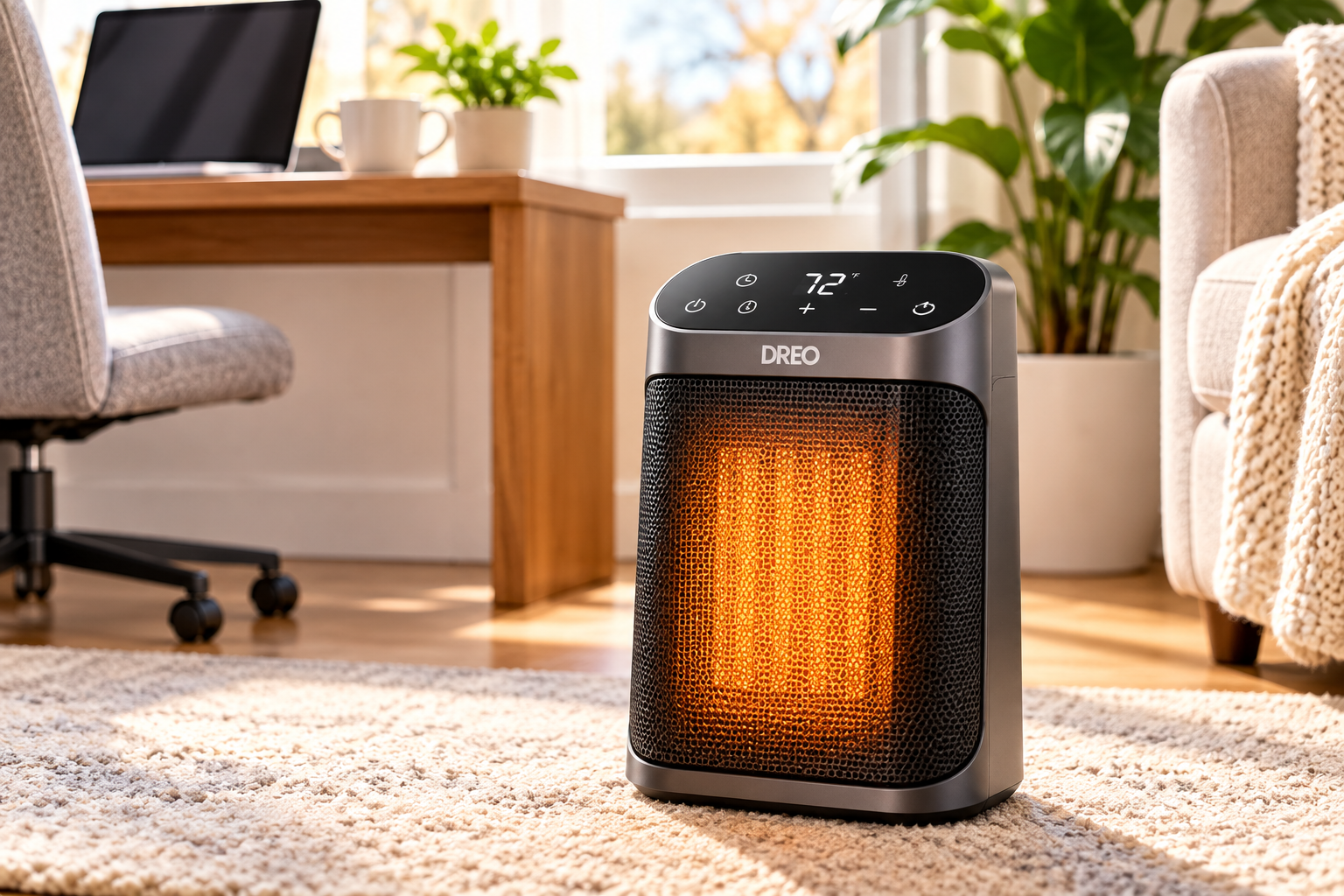Dreo Atom One space heater in a modern home office