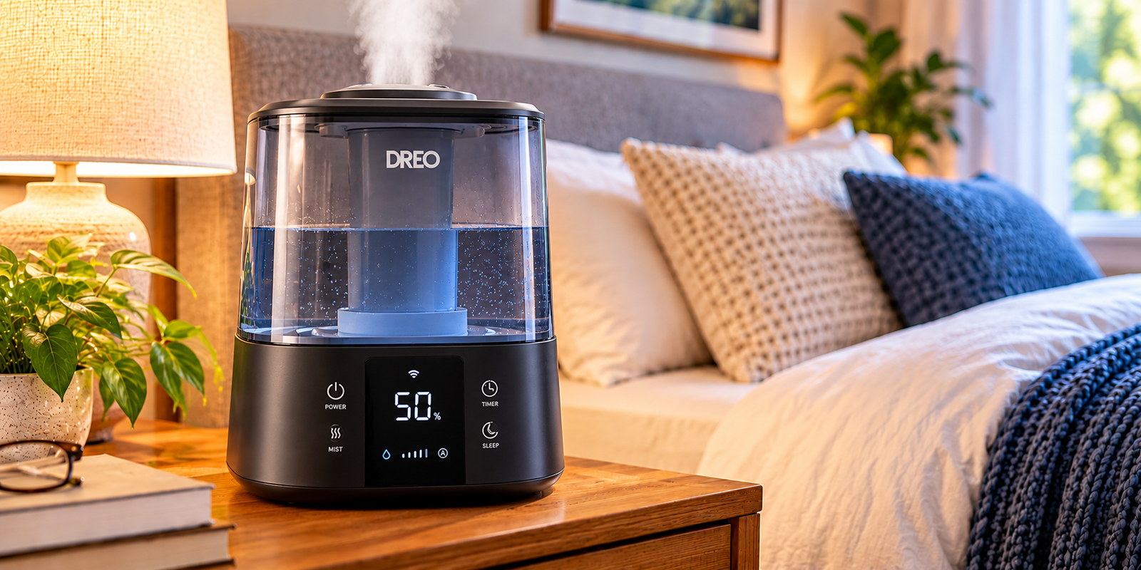 Dreo HM311S 4L ultrasonic humidifier on a bedside table in a cozy bedroom