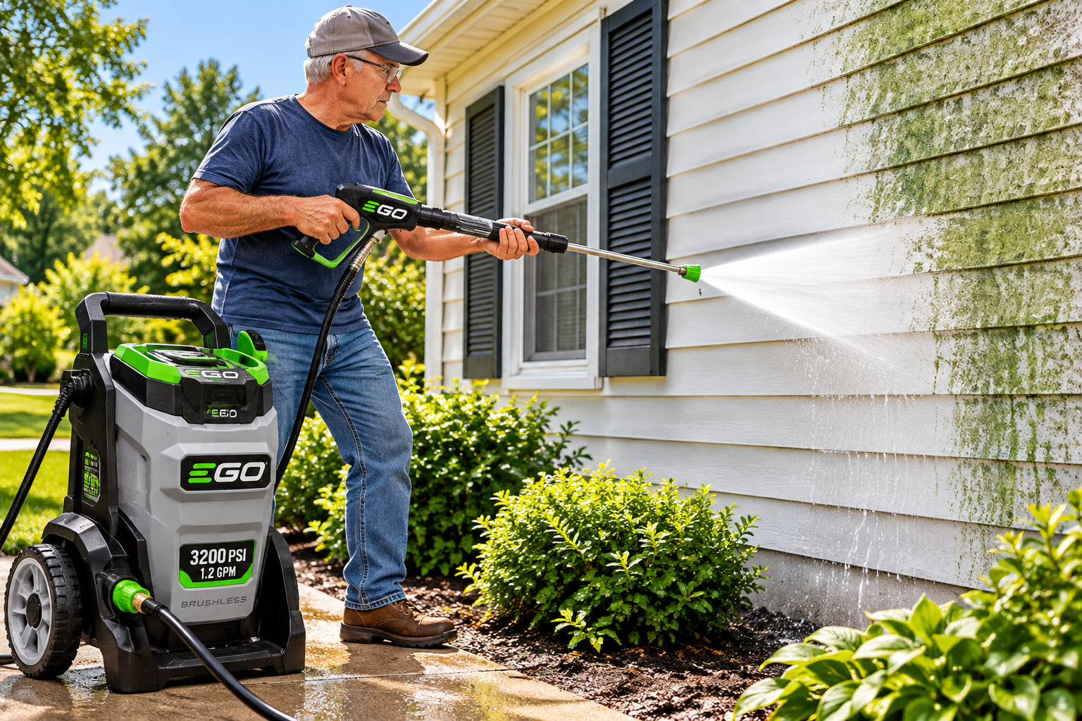 EGO POWER+ 3200 PSI cordless pressure washer cleaning mildew from a home's siding