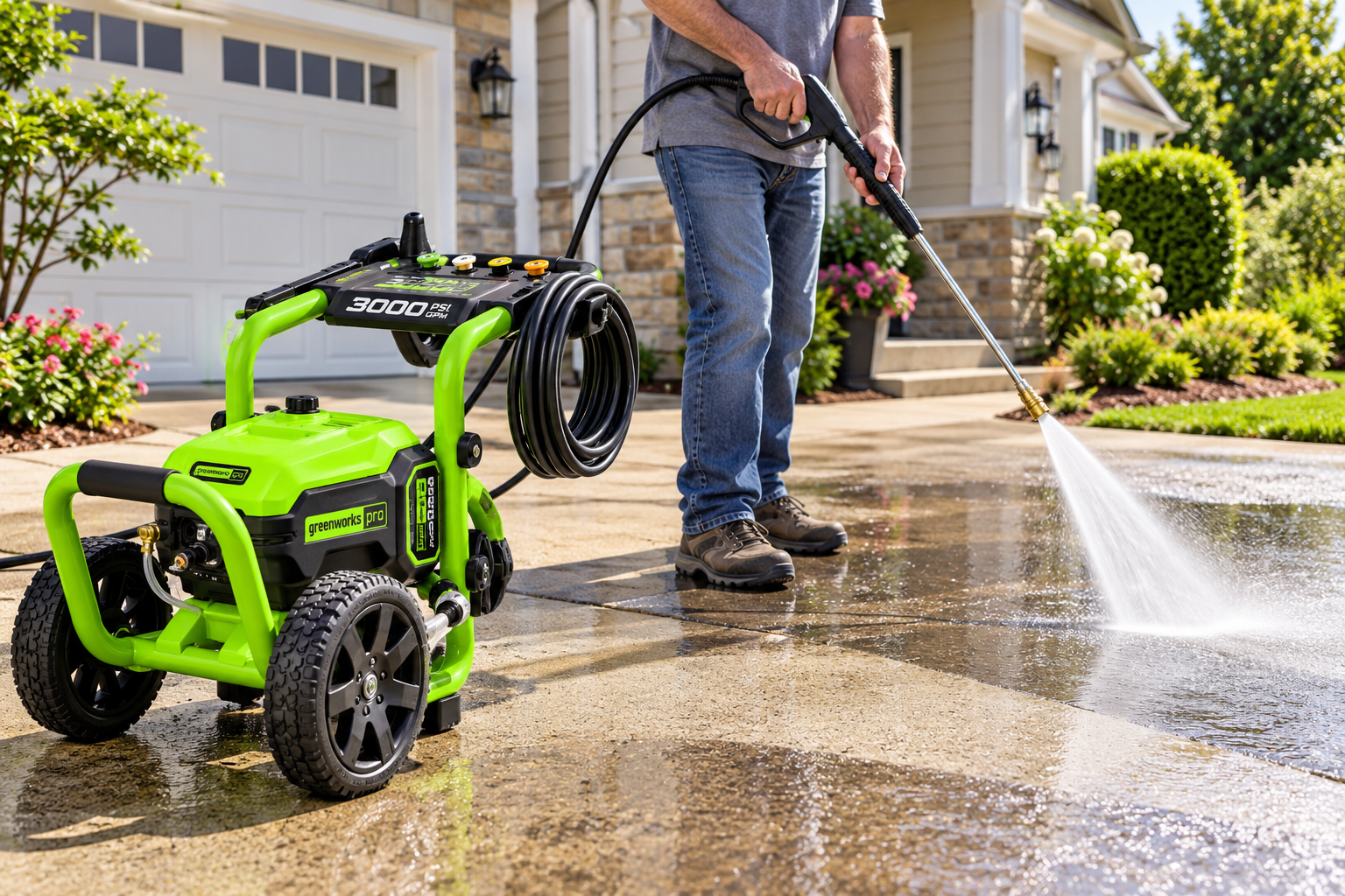Greenworks Pro 3000 PSI electric pressure washer being used to clean a residential concrete driveway.