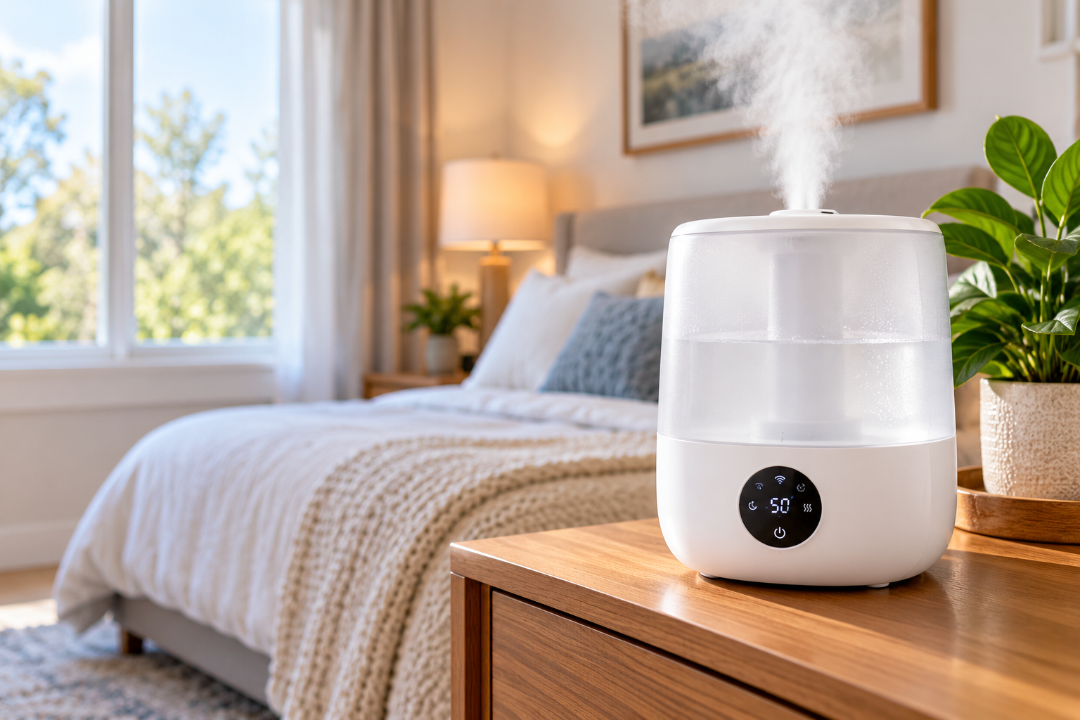 Levoit Classic 300S humidifier releasing mist in a bedroom