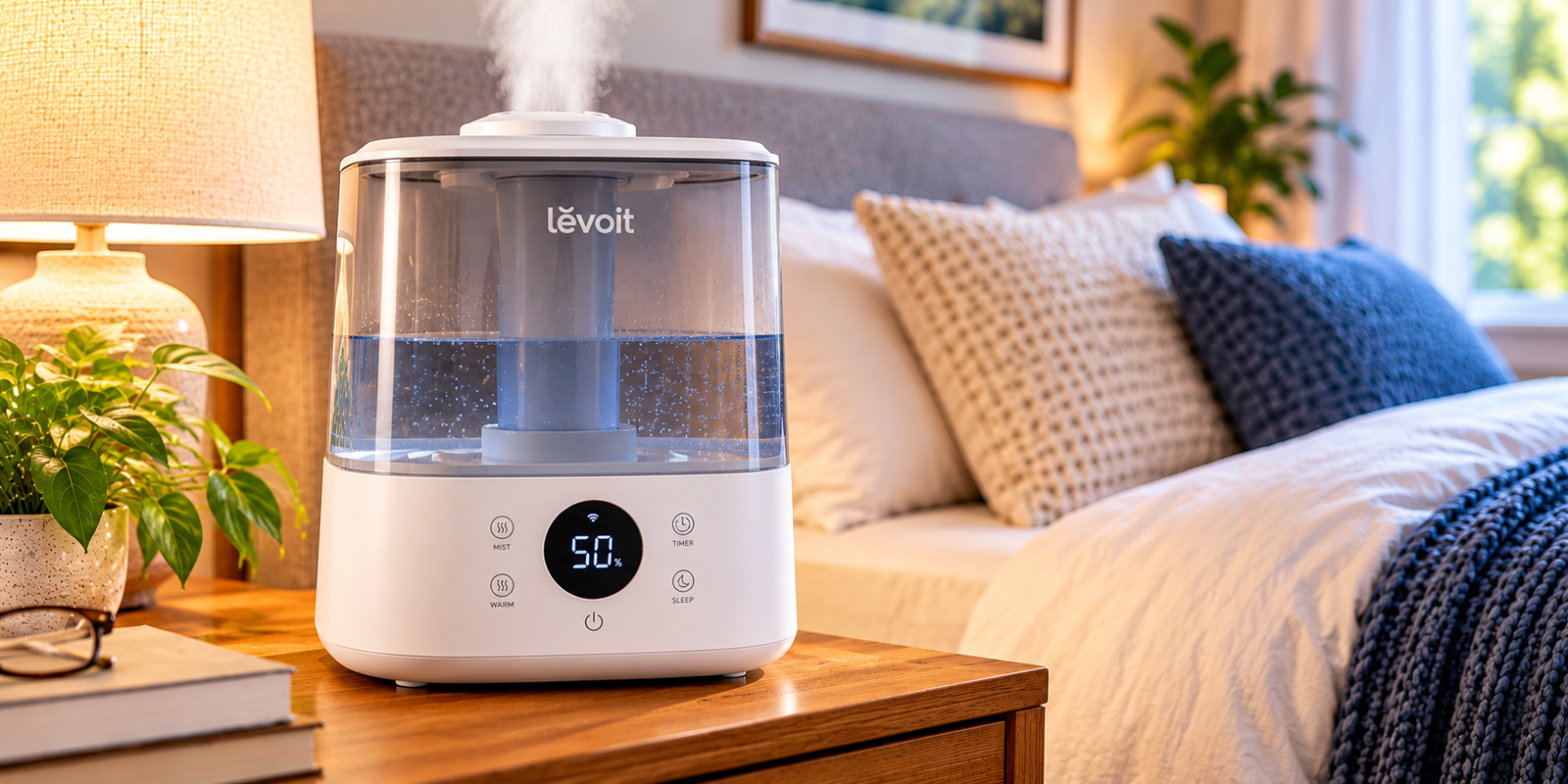 Levoit OasisMist humidifier with warm and cool mist settings in a cozy bedroom