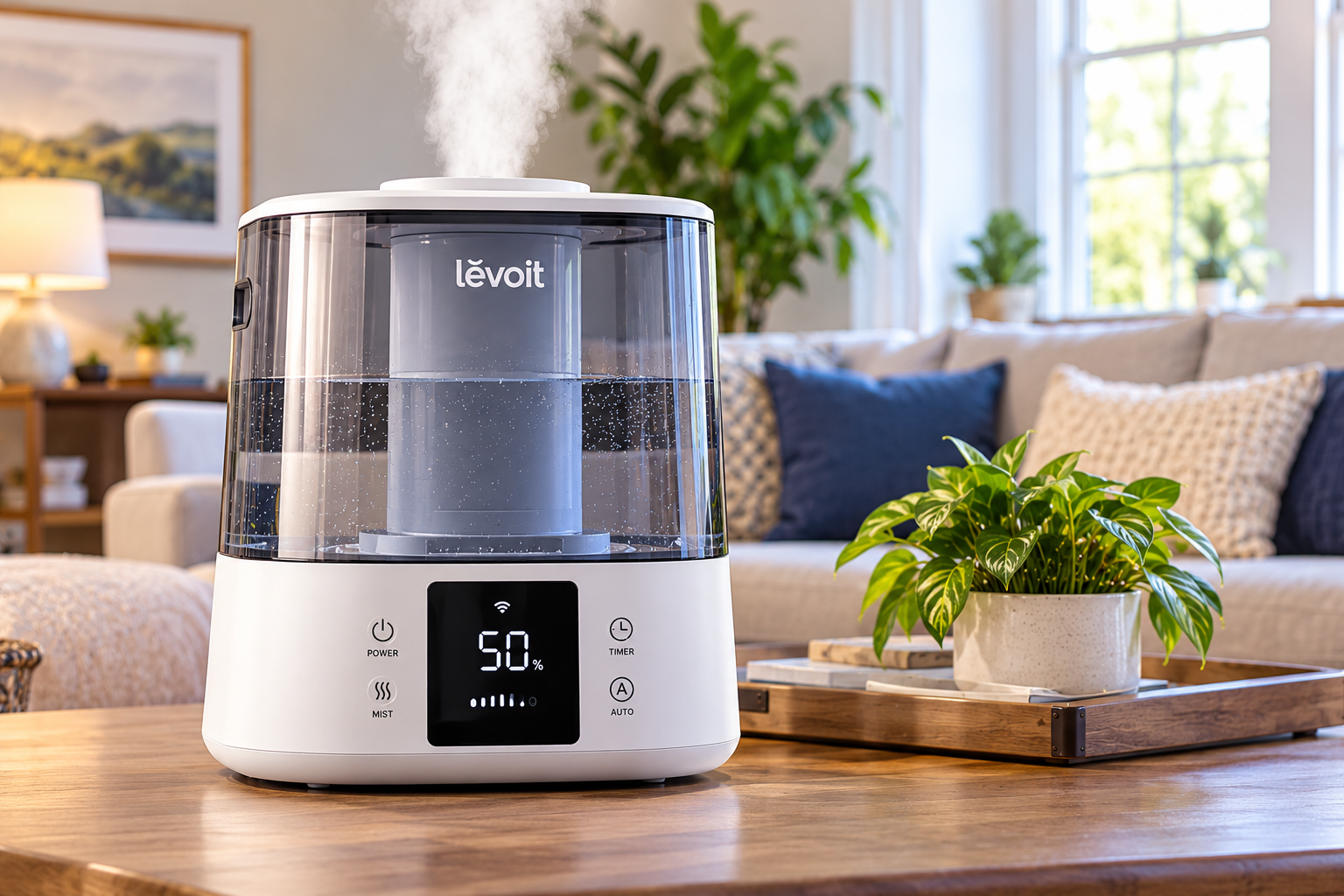Levoit Superior 6000S evaporative humidifier in a bright modern living room