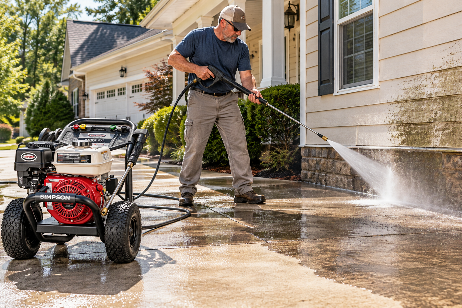 SIMPSON 3500 PSI gas pressure washer cleaning mildew from house siding and driveway