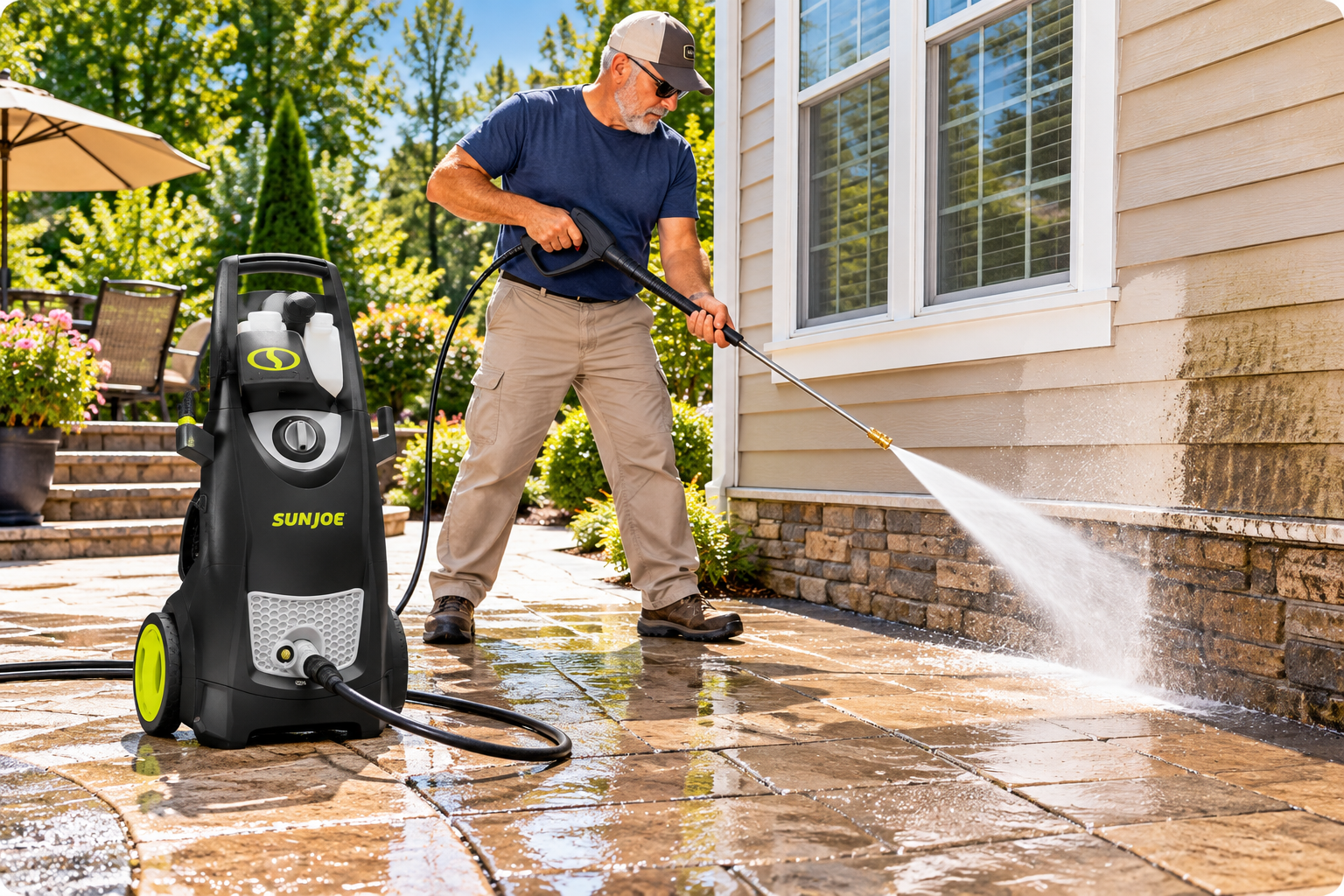 Sun Joe SPX3000 pressure washer cleaning mildew from house siding and a stone patio
