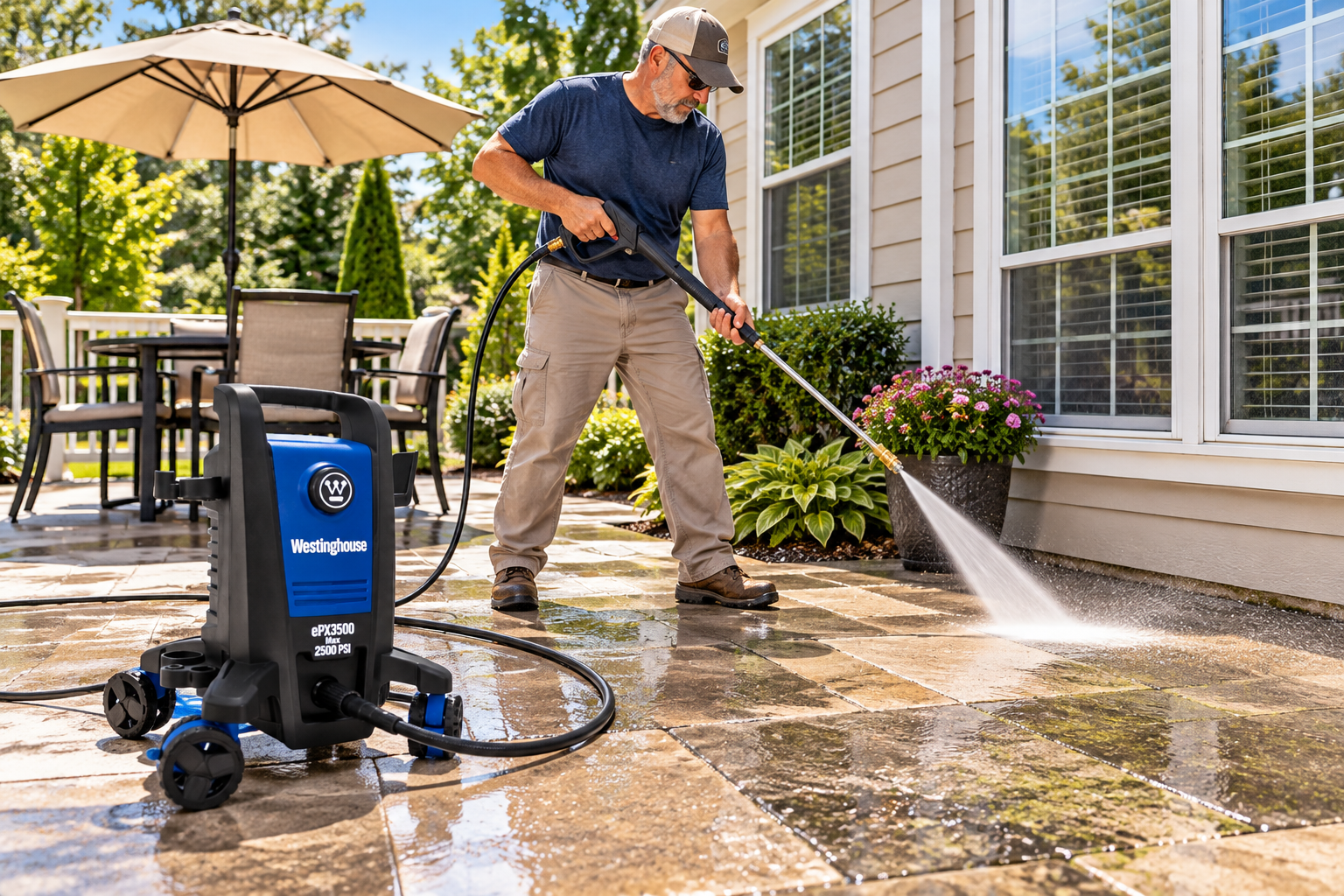 Westinghouse ePX3500 electric pressure washer cleaning a residential patio